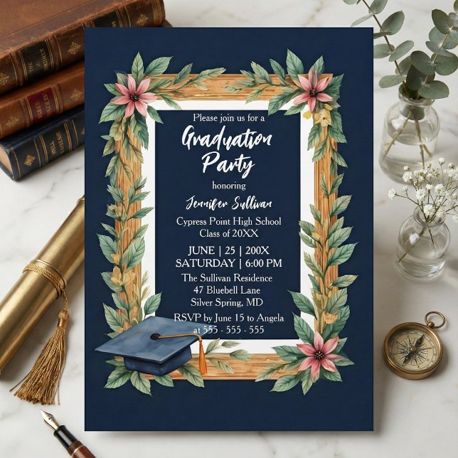 Rustic Wood and Navy Blue Floral Photo Graduation Invitation (Creator Uploaded)