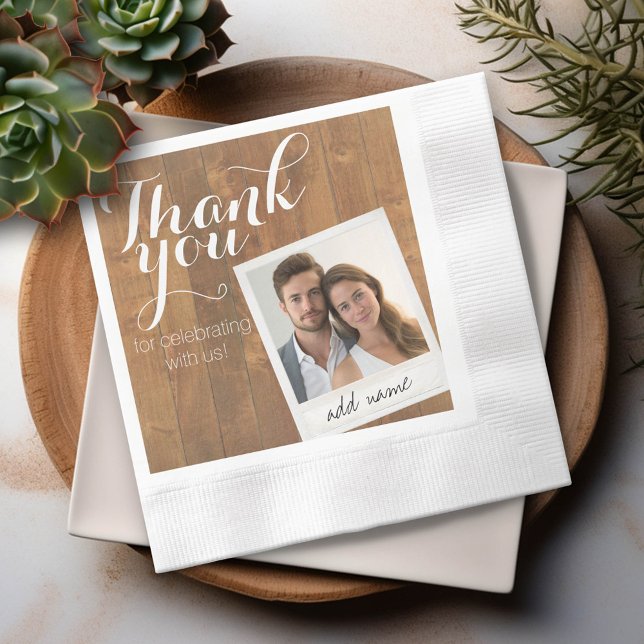 Rustic Wood and Photo Frame Thank You Wedding Napkin (Custom Thank You Wedding Party Napkin with Photo)