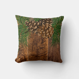 Rustic wood and  pine cone cushion