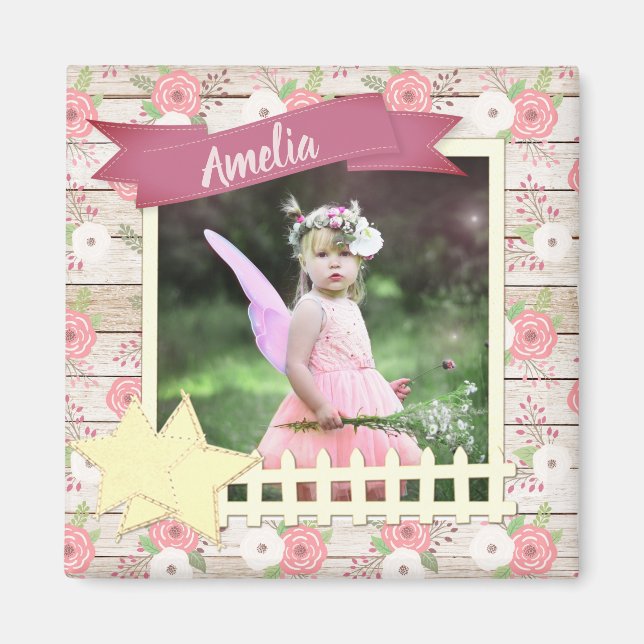 Rustic Wood and Pink Floral Custom Baby Photo Magnet (Front)