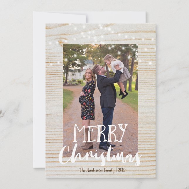 Rustic Wood and String Light Photo Merry Christmas Holiday Card (Front)