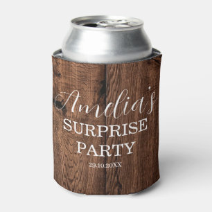 Rustic, Wood and String Light Surprise Birthday Can Cooler