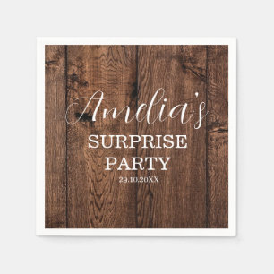 Rustic Wood and String Light Surprise Birthday Napkin