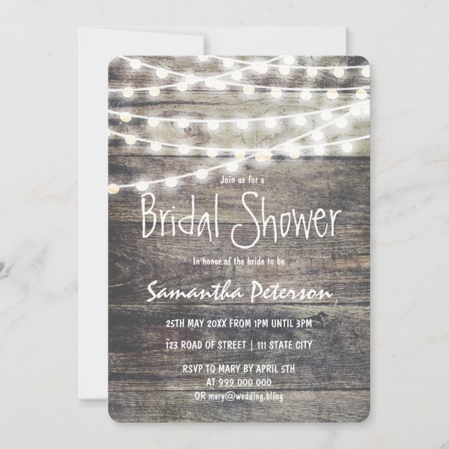 Rustic wood and string lights bridal shower invitation (Front)