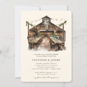 Rustic Wood and String Lights Country Barn Couples Invitation