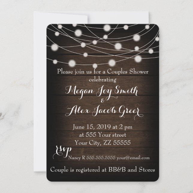Rustic Wood and String Lights Couples Shower Invitation (Front)