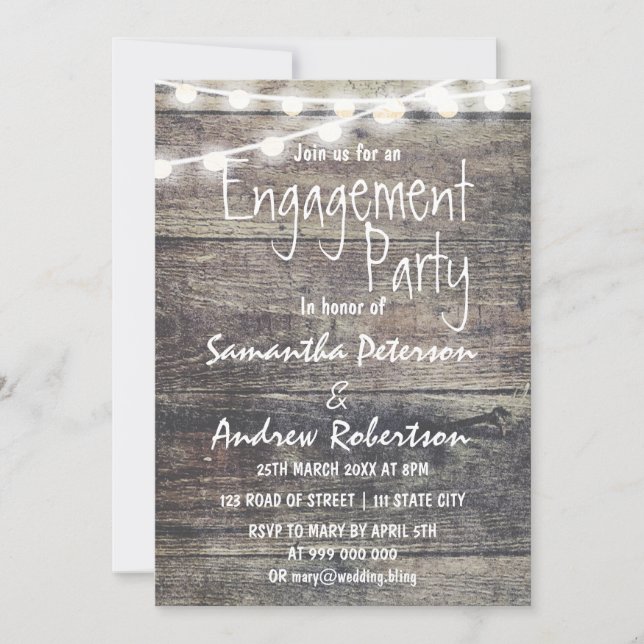Rustic wood and string lights engagement dinner invitation (Front)