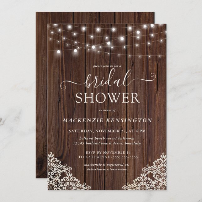 Rustic Wood and String Lights Lace Bridal Shower Invitation (Front/Back)