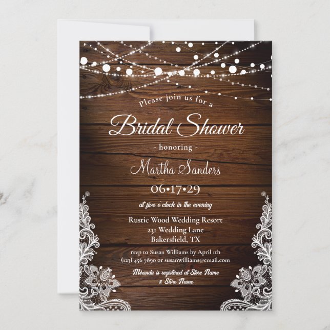 Rustic Wood and String Lights Lace Bridal Shower Invitation (Front)