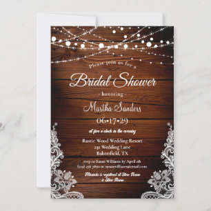 Rustic Wood and String Lights Lace Bridal Shower Invitation