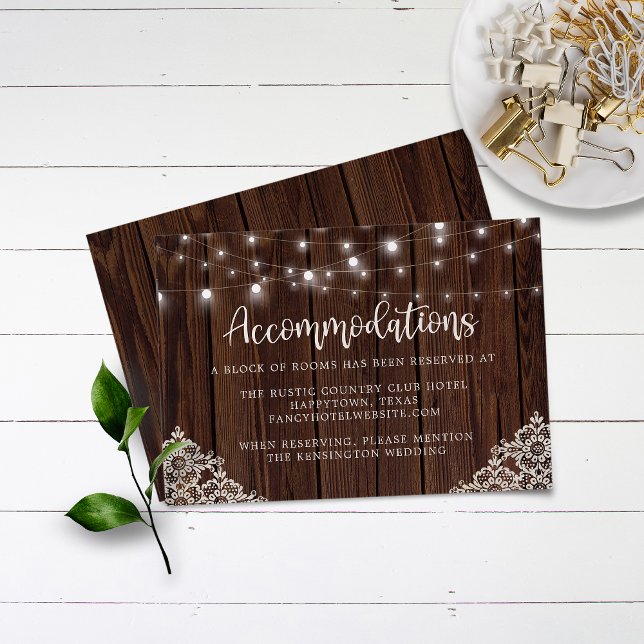 Rustic Wood and String Lights Lace Wedding Details Enclosure Card (Creator Uploaded)