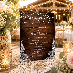 Rustic Wood and String Lights Lace Wedding Invitation