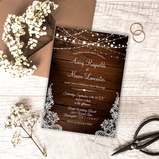 Rustic Wood and String Lights Lace Wedding Invitation (Creator Uploaded)