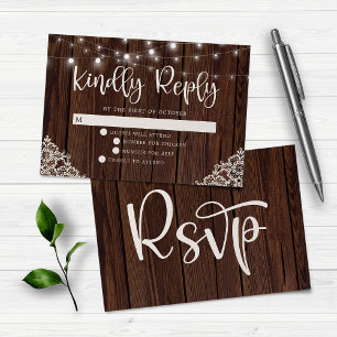 Rustic Wood and String Lights Lace Wedding RSVP Card