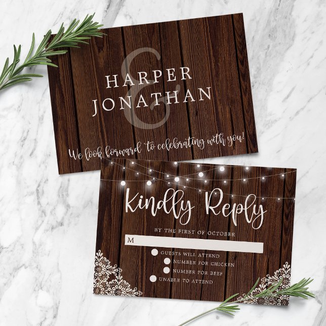 Rustic Wood and String Lights Lace Wedding RSVP Card (Creator Uploaded)