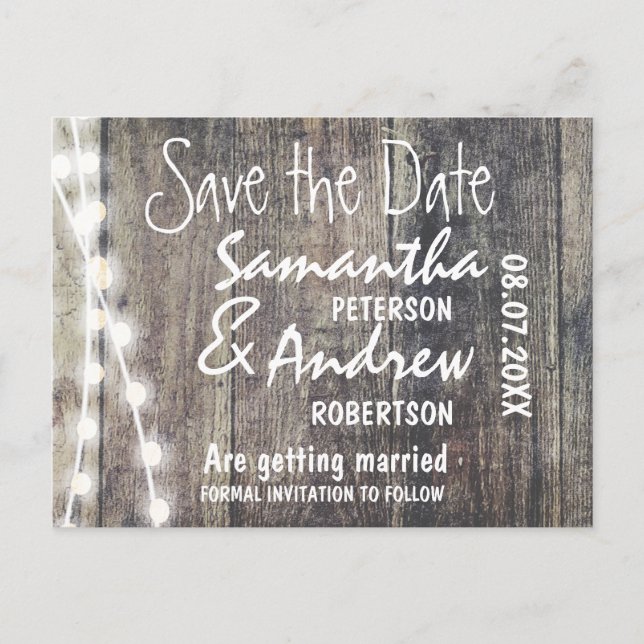 Rustic wood and string lights save the date announcement postcard (Front)