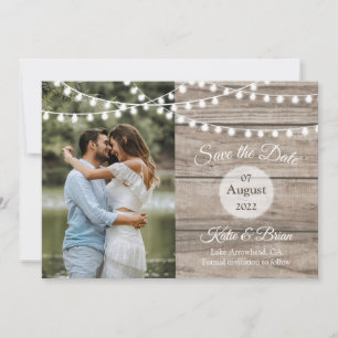 Rustic wood and string lights Save the date card