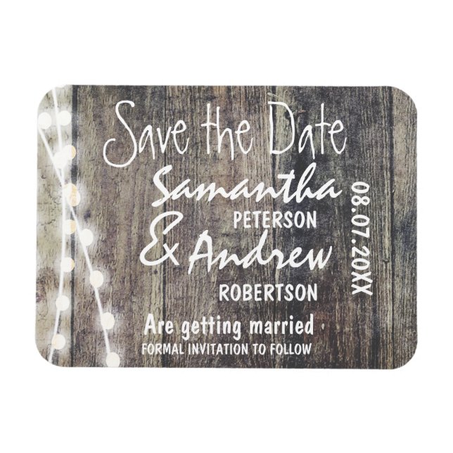Rustic wood and string lights save the date magnet (Horizontal)