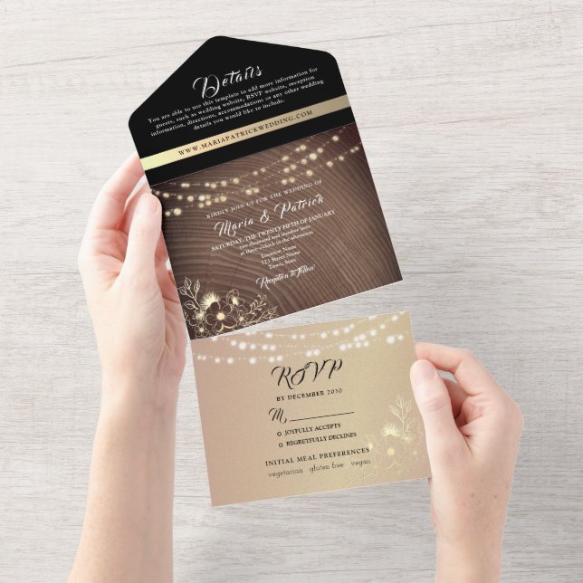 Rustic Wood and String Lights Wedding All In One Invitation (Tearaway)
