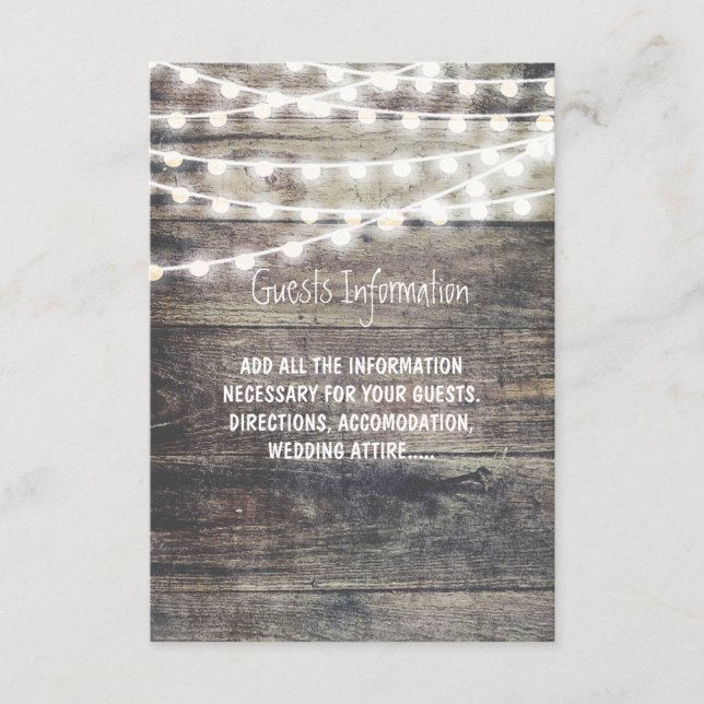 Rustic wood and string lights wedding guest info enclosure card (Front)