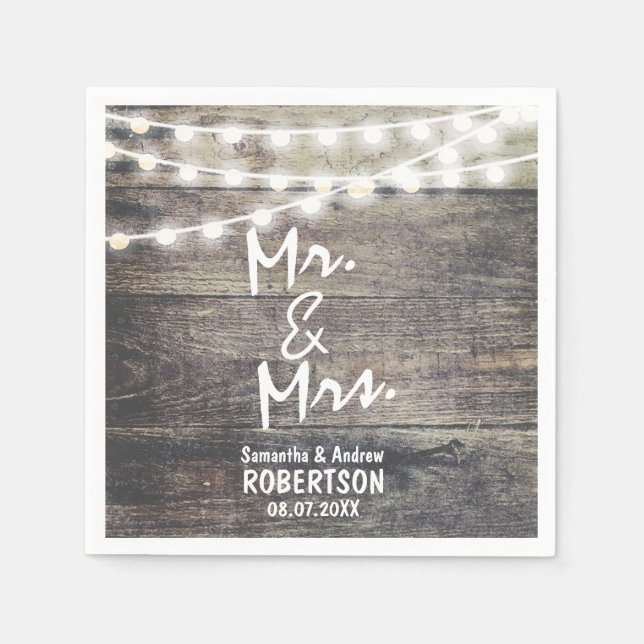 Rustic wood and string lights wedding napkin (Front)