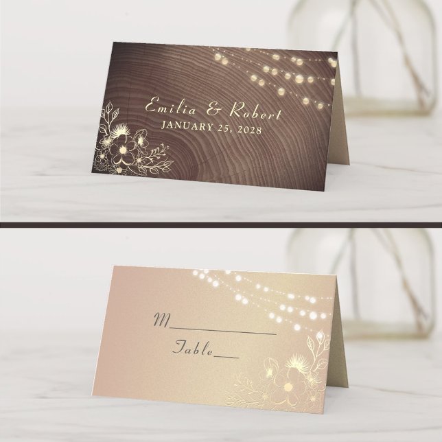 Rustic Wood and String Lights Wedding Place Card (Creator Uploaded)