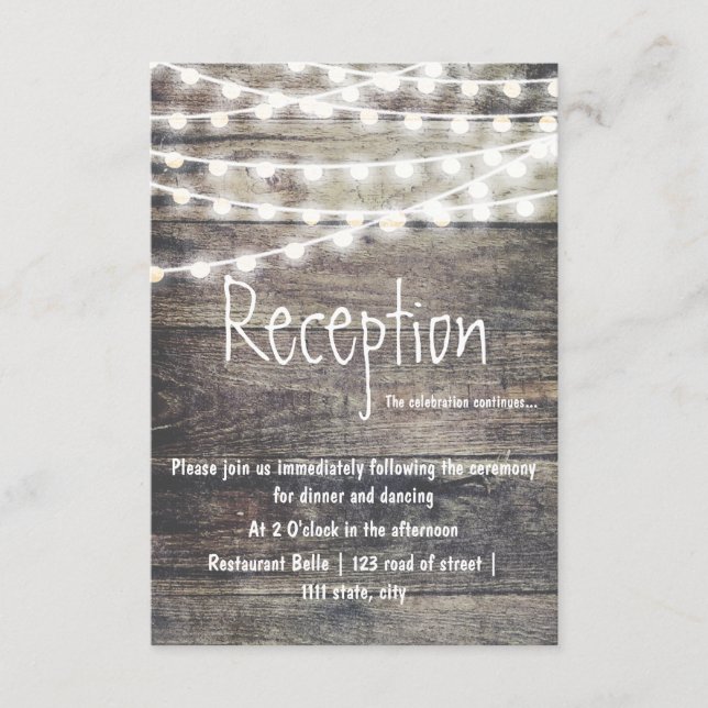 Rustic wood and string lights wedding reception enclosure card (Front)