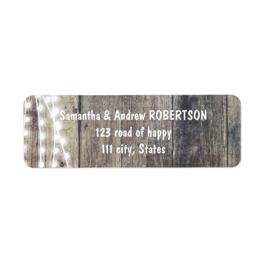 Rustic wood and string lights wedding return address label