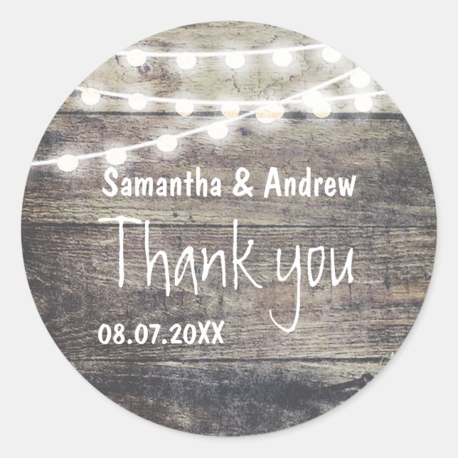 Rustic wood and string lights wedding Thank you Classic Round Sticker (Front)