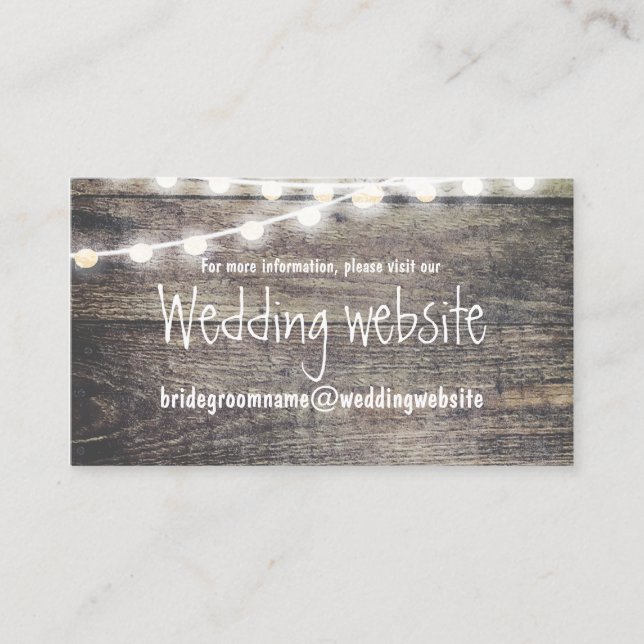 Rustic wood and string lights wedding website enclosure card (Front)