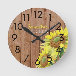 Rustic Wood And Sunflower Personalized Kitchen Round Clock