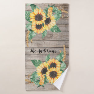 Rustic Wood and Sunflowers  Bath Towel