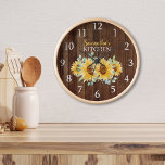 Rustic Wood And Sunflowers  Farmhouse  Kitchen Clock<br><div class="desc">Rustic country farmhouse kitchen clock personalised with custom name. The dark wood background and watercolor sunflowers make this an unique home decor gift.</div>