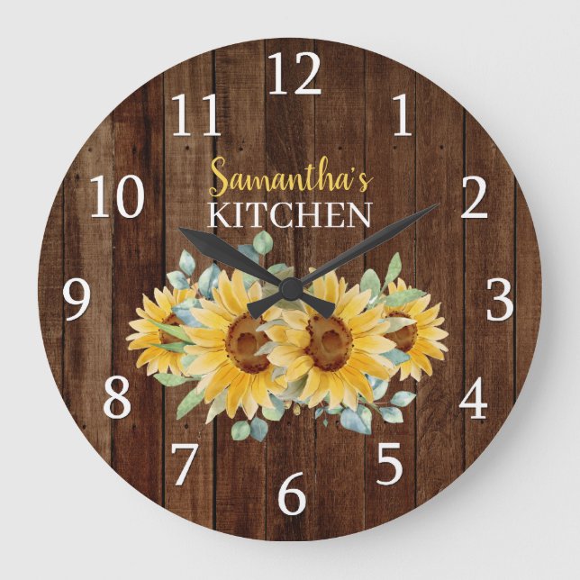 Rustic Wood And Sunflowers  Farmhouse  Kitchen Large Clock (Front)