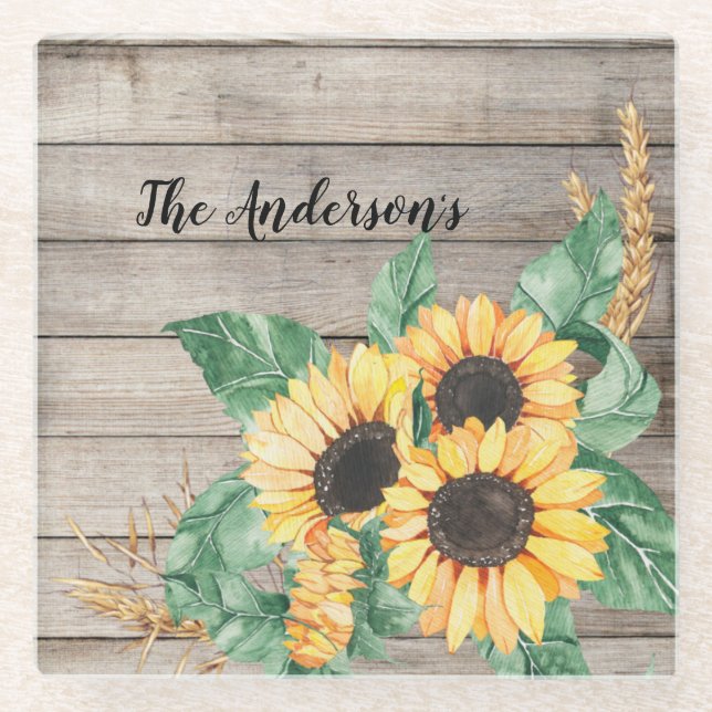 Rustic Wood and Sunflowers  Glass Coaster (Front)