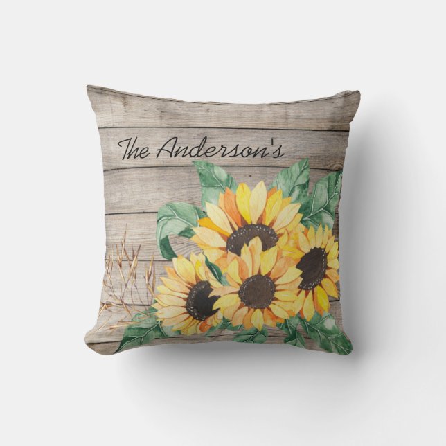 Rustic Wood and Sunflowers Throw Pillow (Front)