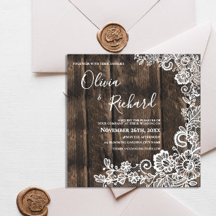 Rustic Wood and White Lace Floral Wedding Magnetic Invitation