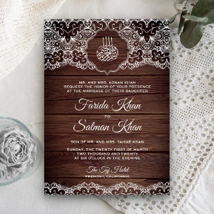Rustic Wood and White Lace Islamic Muslim Wedding Invitation