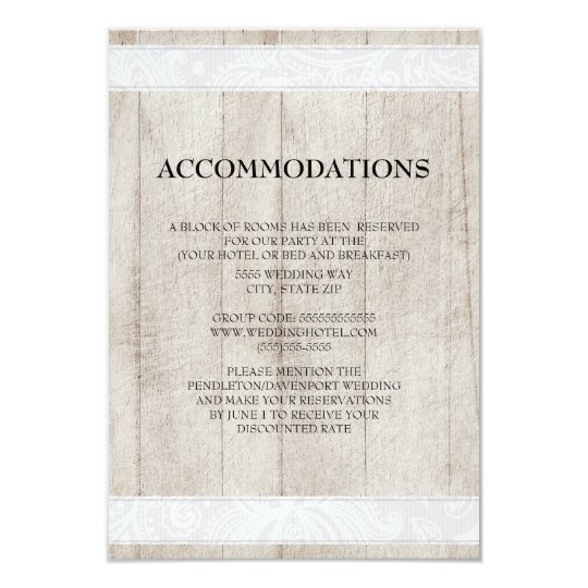 Rustic Wood and White Lace Wedding Accommodations Card