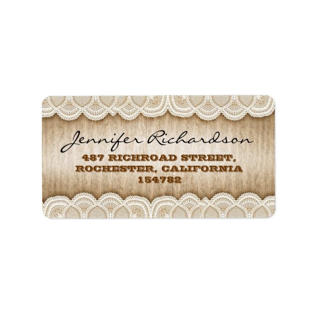 rustic wood and white lace wedding labels (Front)
