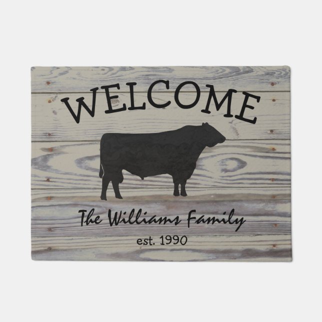 Rustic Wood Angus Bull Watercolor Doormat (Front)