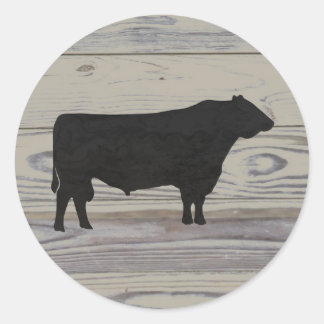 Rustic Wood Angus Bull Watercolor Silhouette Classic Round Sticker