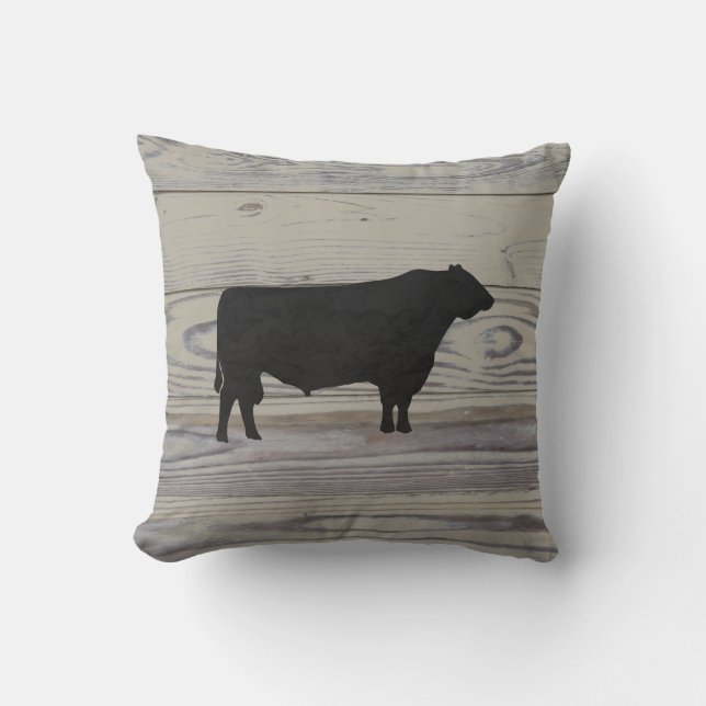 Rustic Wood Angus Bull Watercolor Silhouette Cushion (Front)