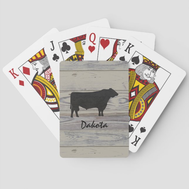Rustic Wood Angus Bull Watercolor Silhouette Playing Cards (Back)