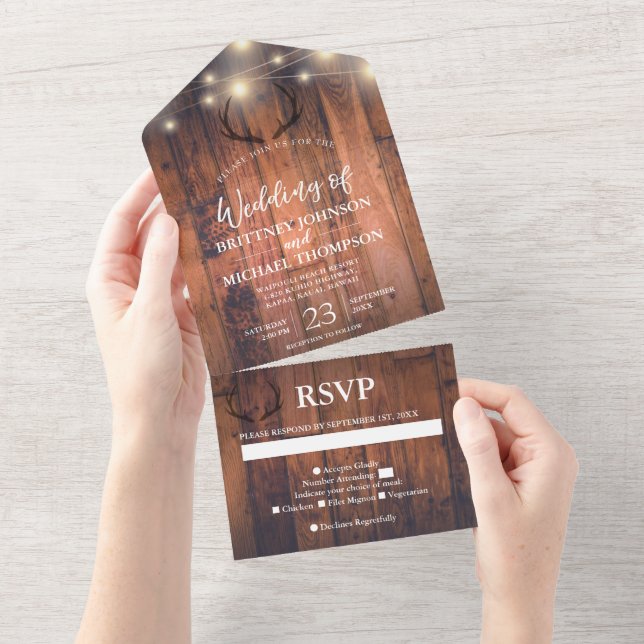 Rustic Wood Antler String Lights Wedding All In On One Invitation (Tearaway)