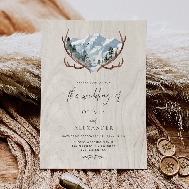 Rustic Wood Antlers Mountain Wedding Invitation (Creator Uploaded)