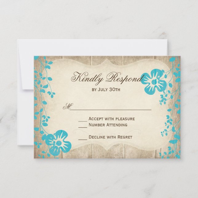 Rustic Wood Aqua Beach Flowers Wedding RSVP Cards (Front)