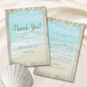 Rustic Wood Aqua Blue Beach String Lights Wedding Thank You Card