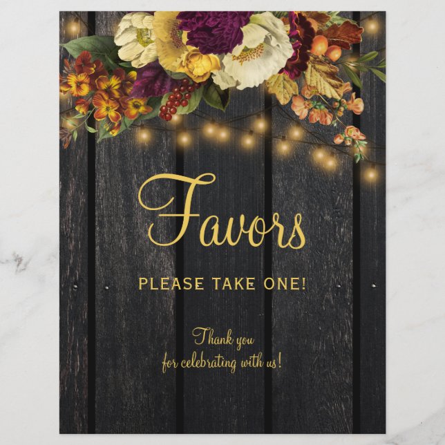 Rustic wood autumn fall wedding favours sign (Front)