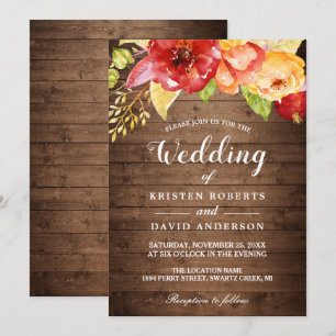 Rustic Wood Autumn Gold Red Floral Fall Wedding Invitation